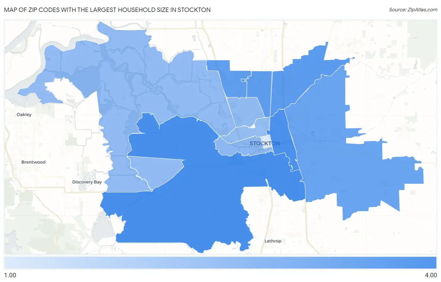 Zip Codes with the Largest Household Size in Stockton Map