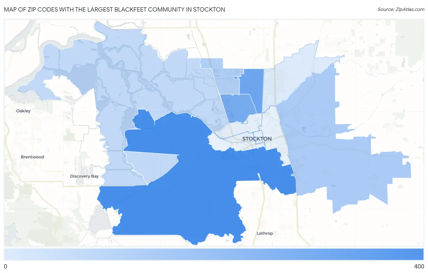 Zip Codes with the Largest Blackfeet Community in Stockton Map