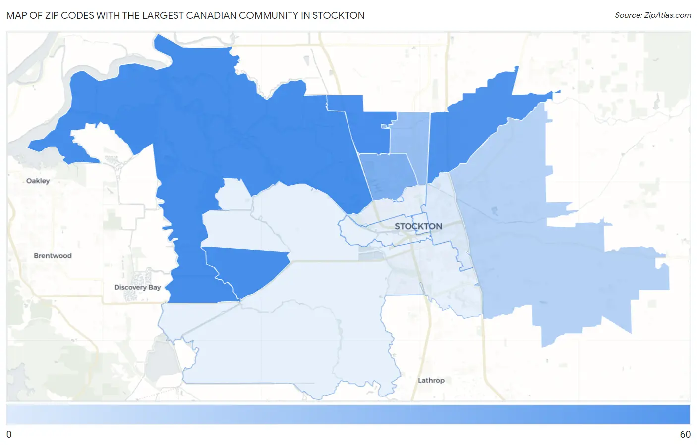 Zip Codes with the Largest Canadian Community in Stockton Map