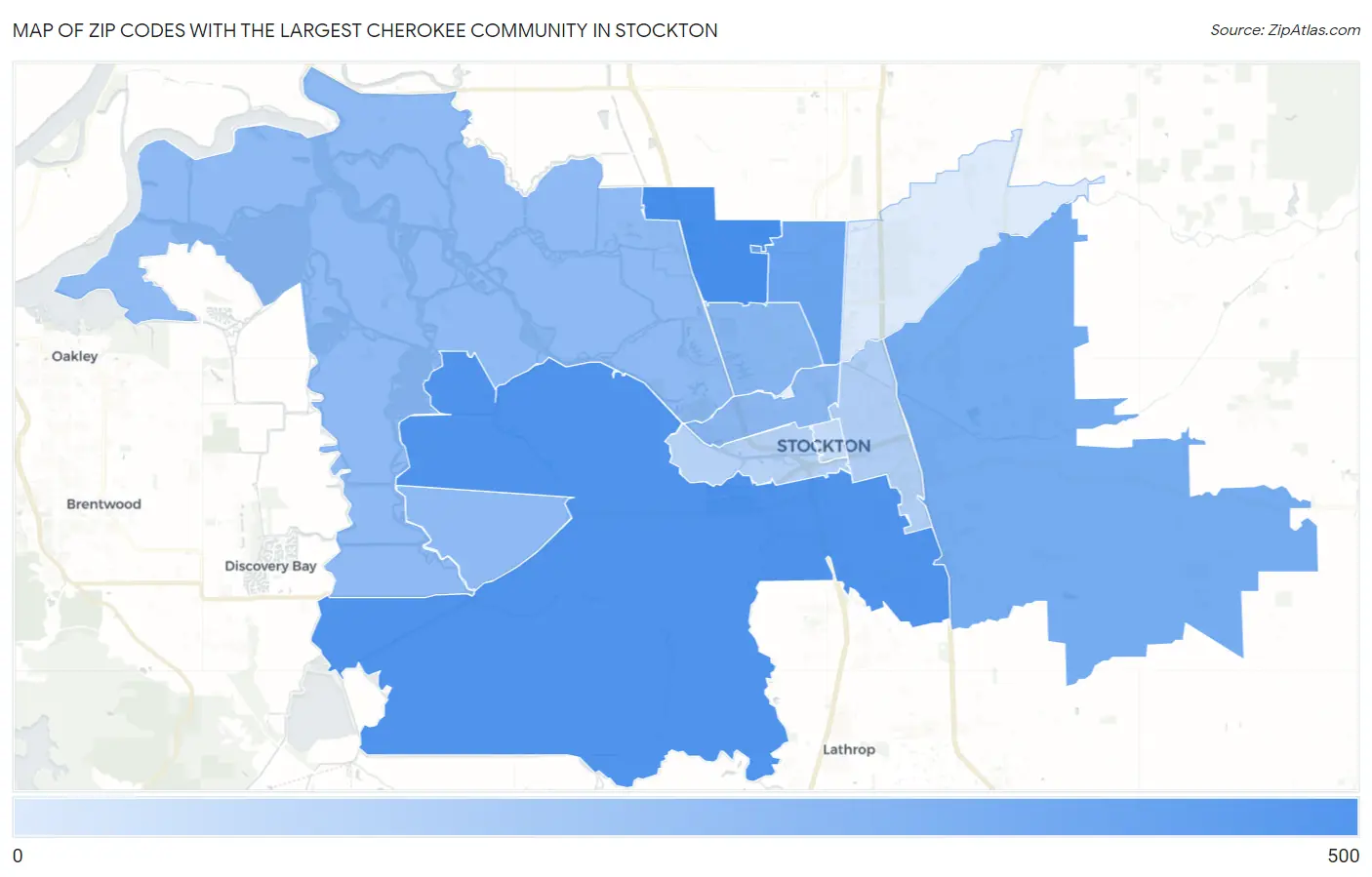 Zip Codes with the Largest Cherokee Community in Stockton Map