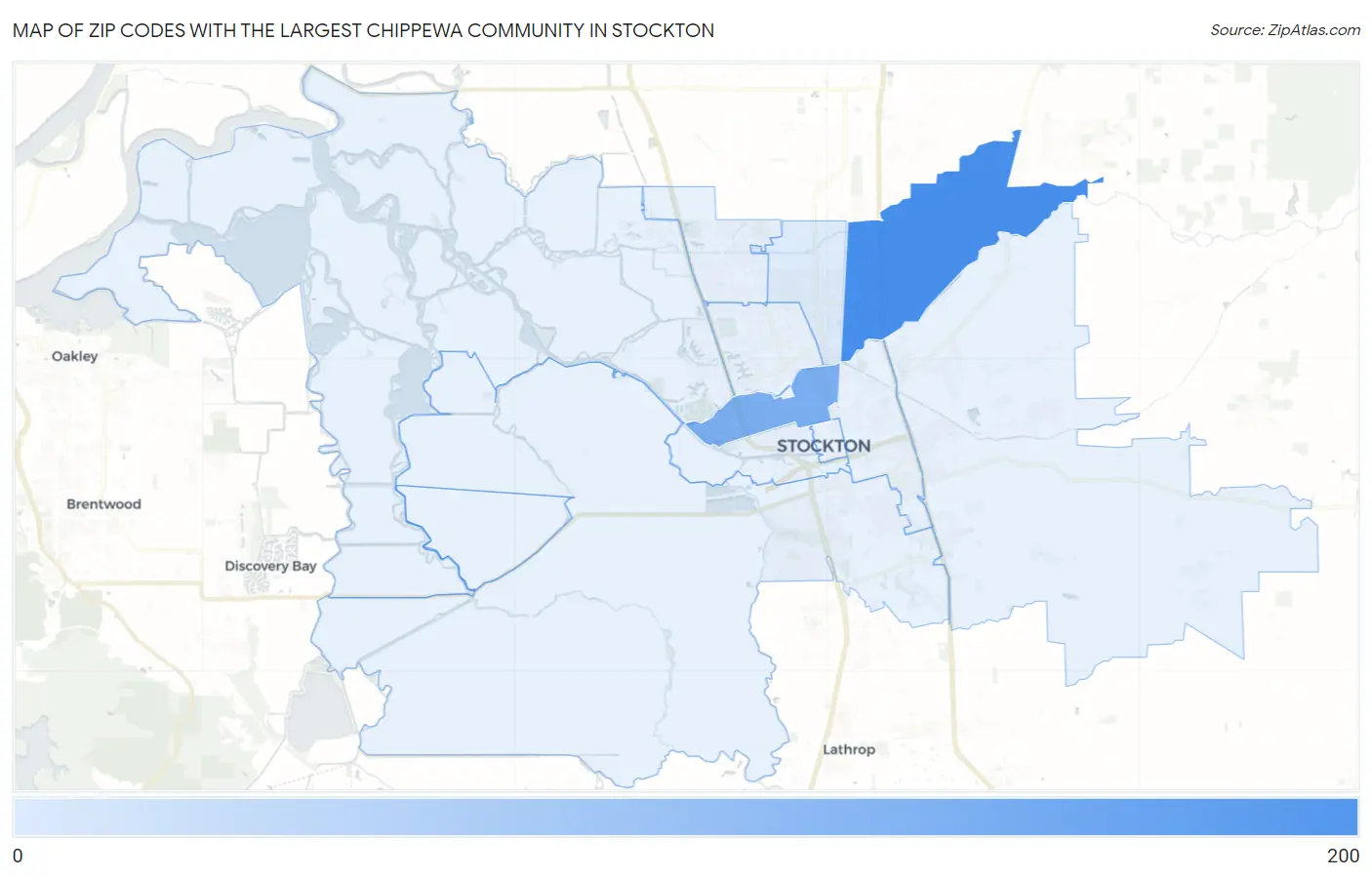 Zip Codes with the Largest Chippewa Community in Stockton Map