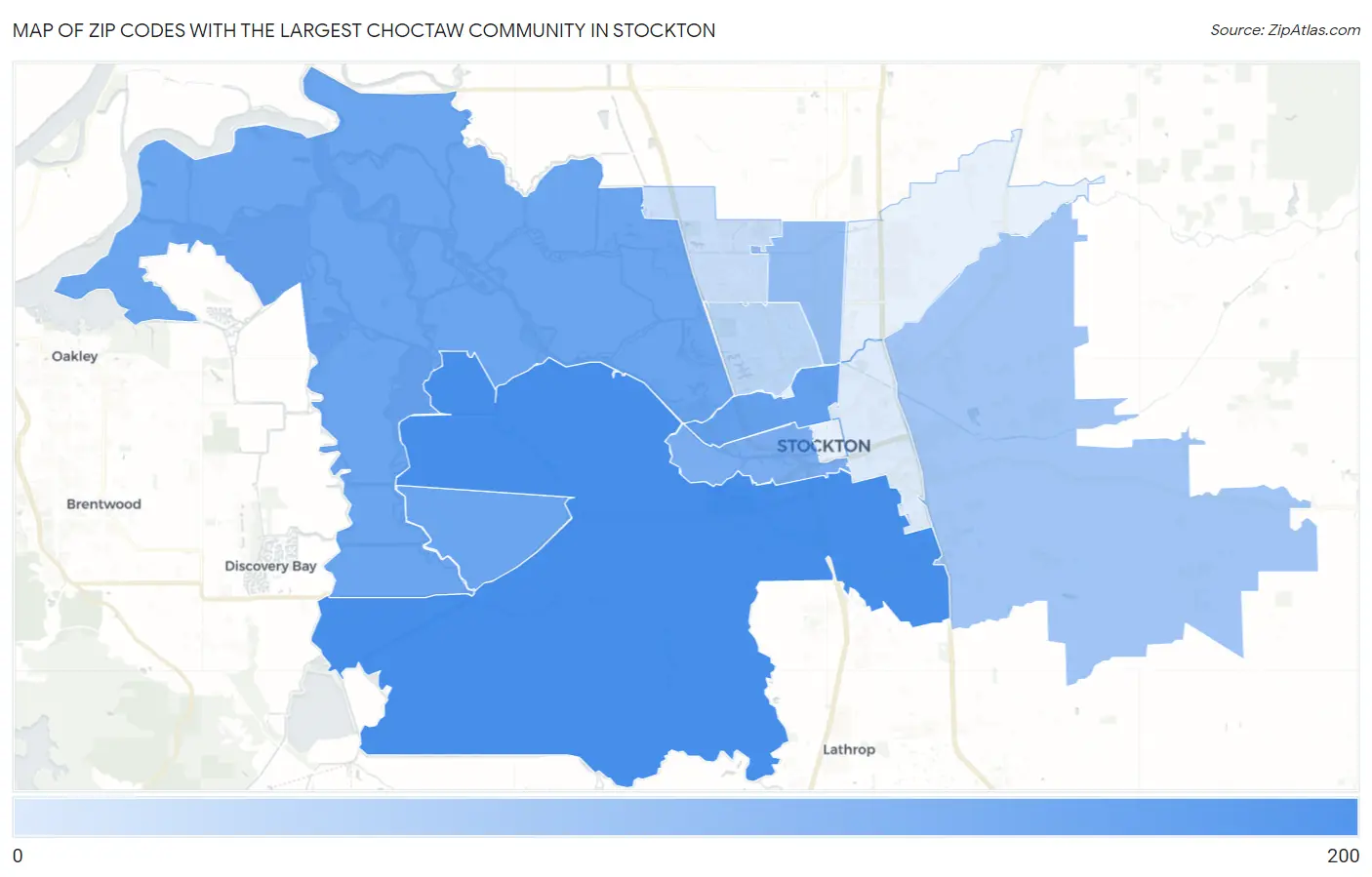 Zip Codes with the Largest Choctaw Community in Stockton Map