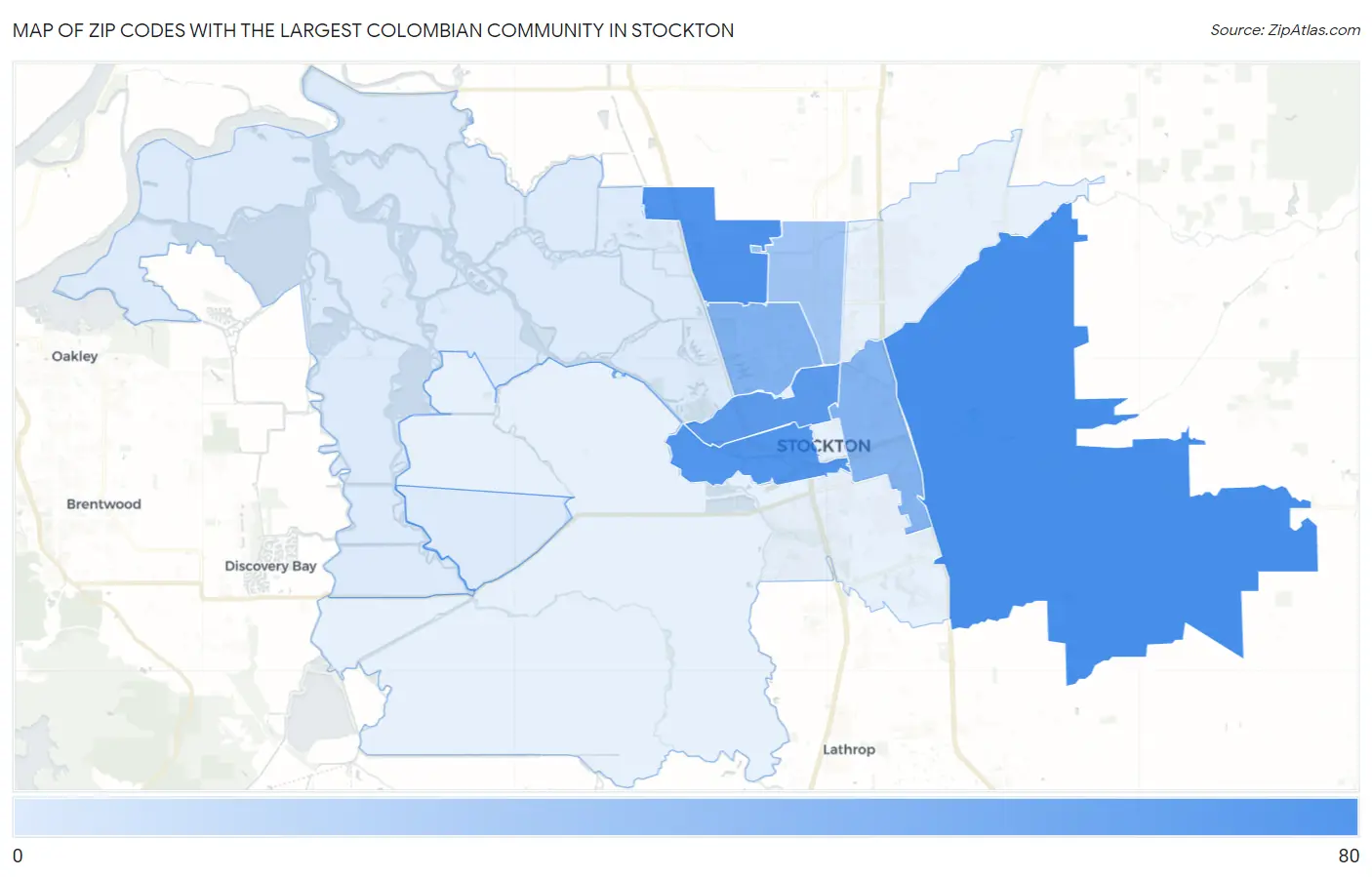 Zip Codes with the Largest Colombian Community in Stockton Map