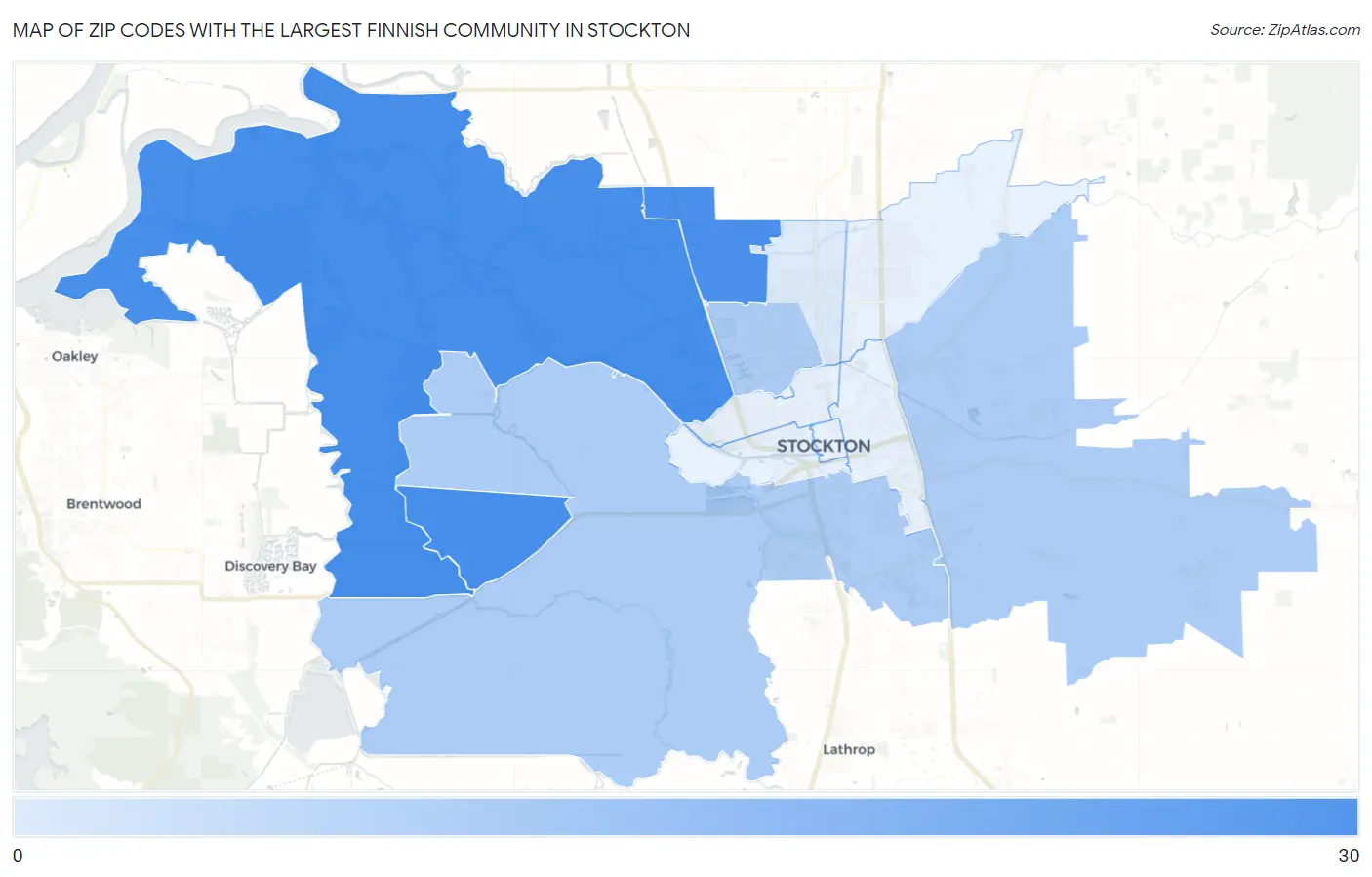 Zip Codes with the Largest Finnish Community in Stockton Map