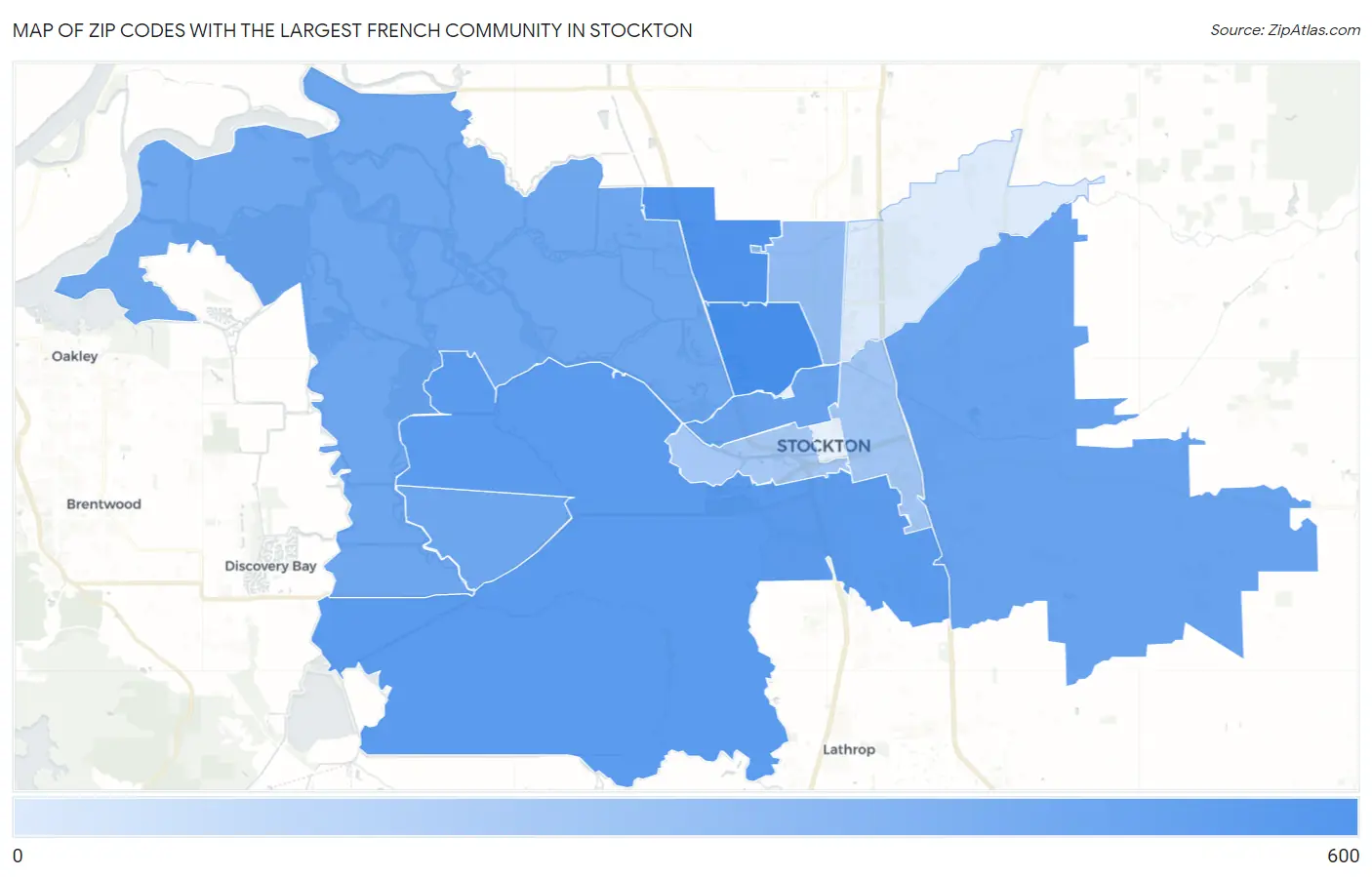 Zip Codes with the Largest French Community in Stockton Map