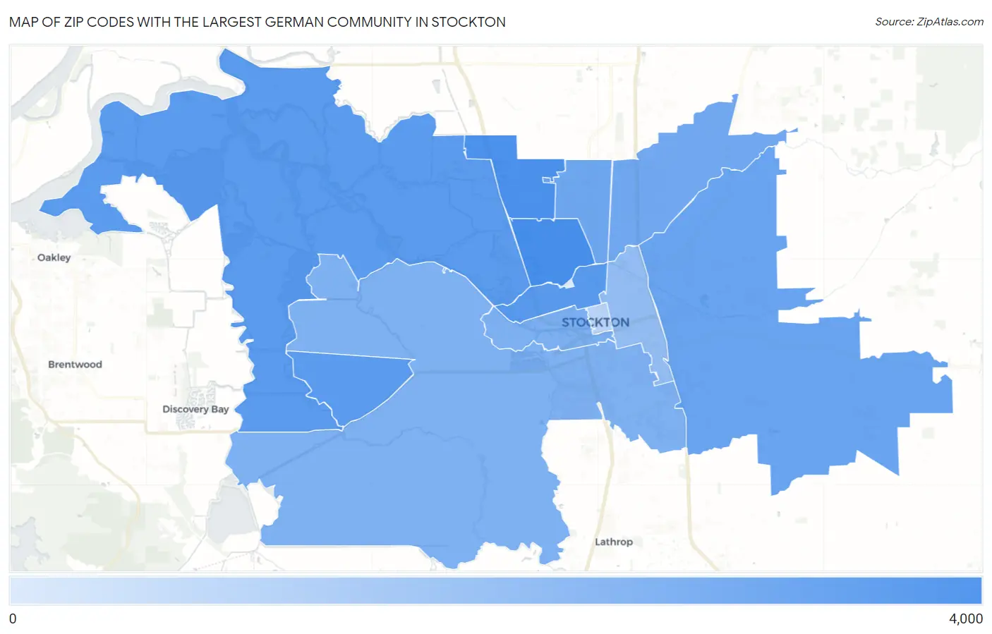 Zip Codes with the Largest German Community in Stockton Map