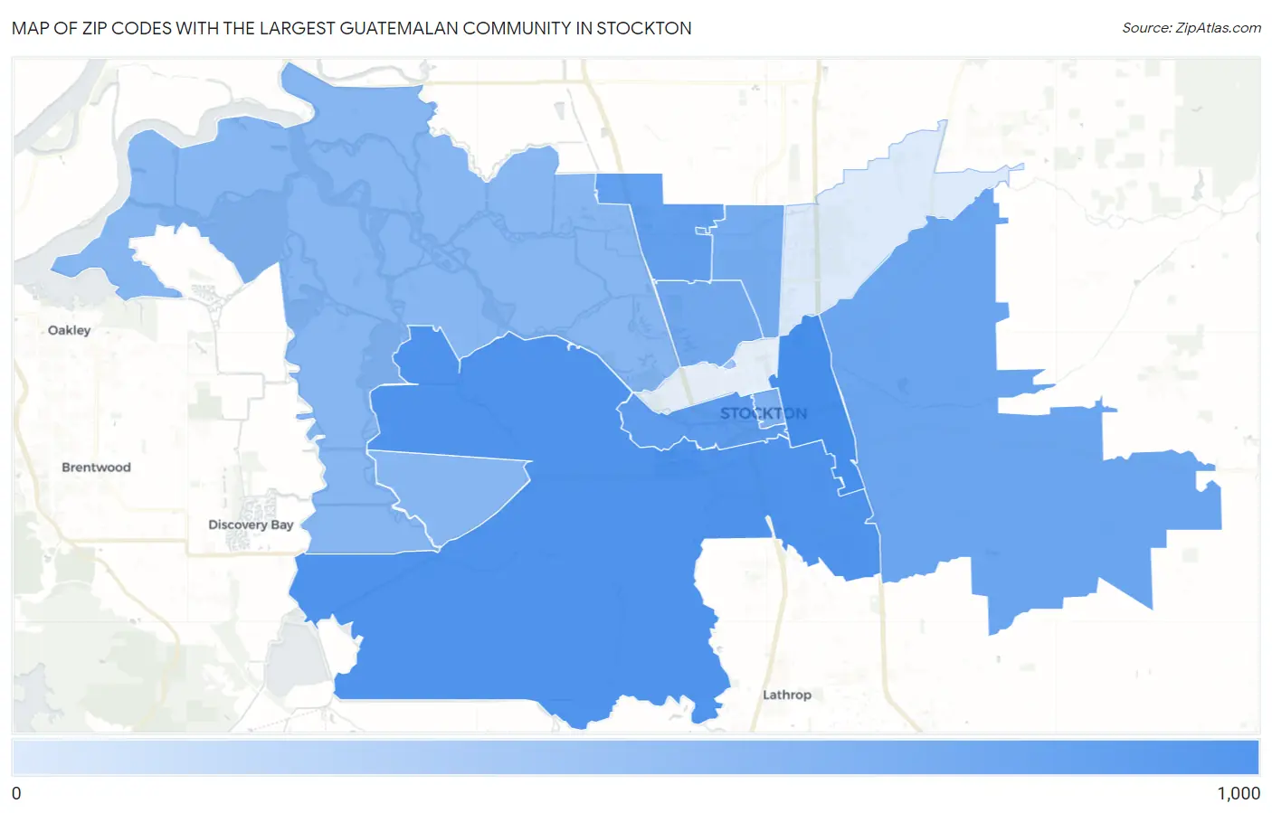 Zip Codes with the Largest Guatemalan Community in Stockton Map