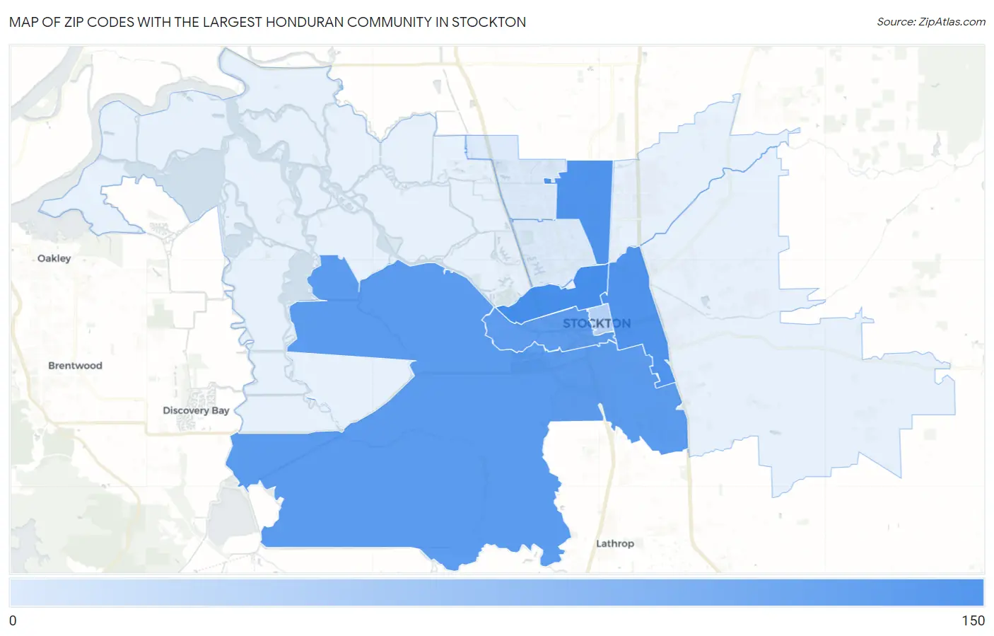 Zip Codes with the Largest Honduran Community in Stockton Map