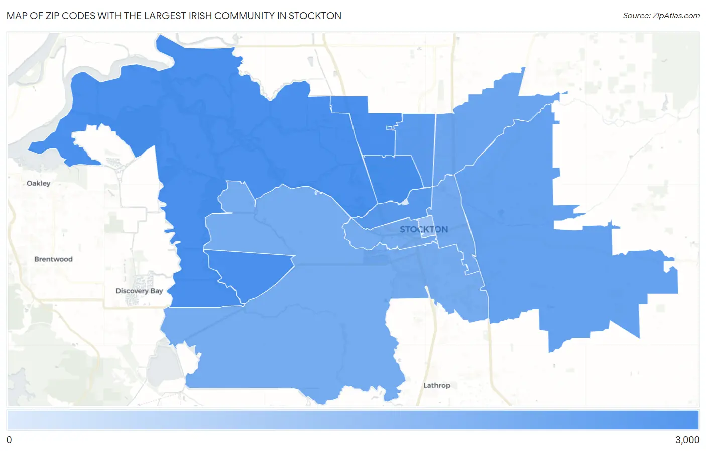 Zip Codes with the Largest Irish Community in Stockton Map