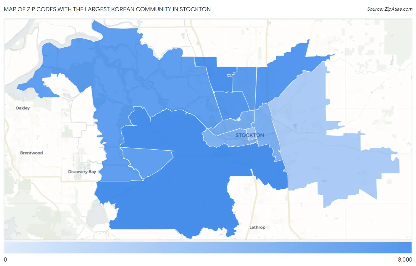 Zip Codes with the Largest Korean Community in Stockton Map
