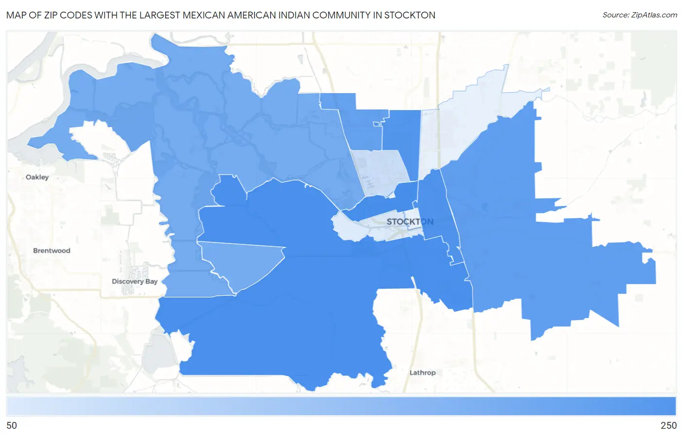 Zip Codes with the Largest Mexican American Indian Community in Stockton Map