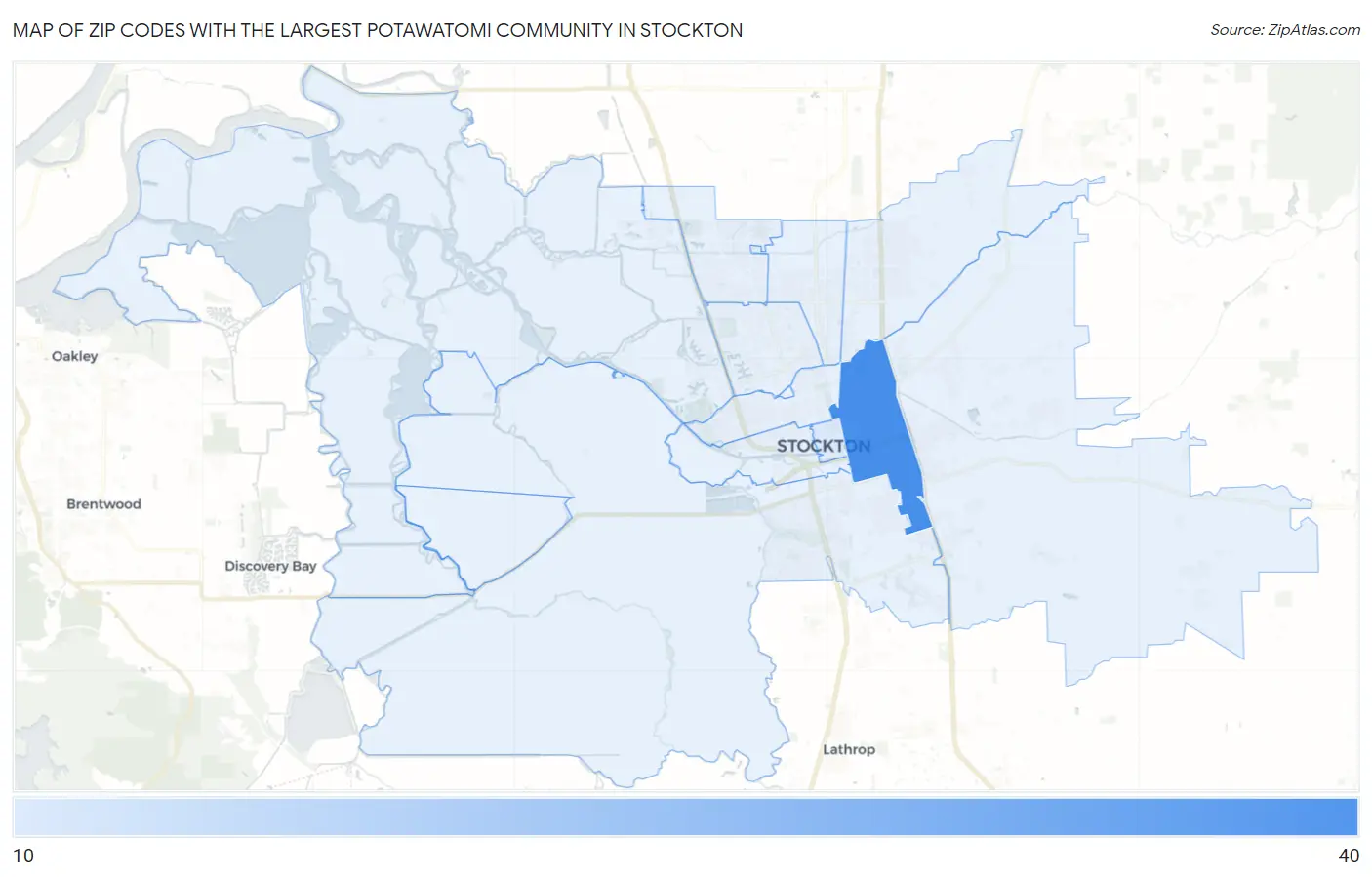 Zip Codes with the Largest Potawatomi Community in Stockton Map