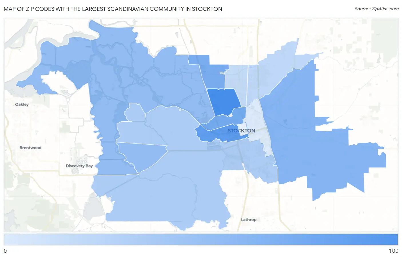 Zip Codes with the Largest Scandinavian Community in Stockton Map