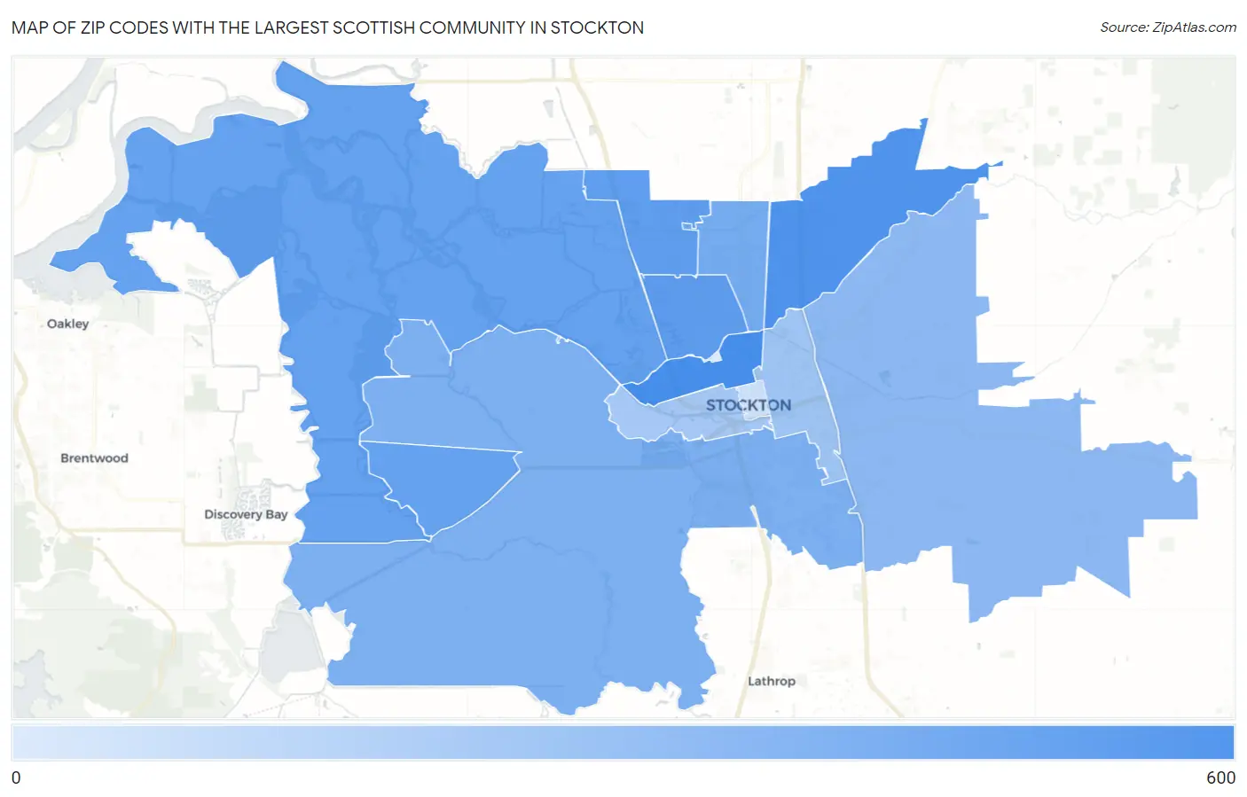 Zip Codes with the Largest Scottish Community in Stockton Map
