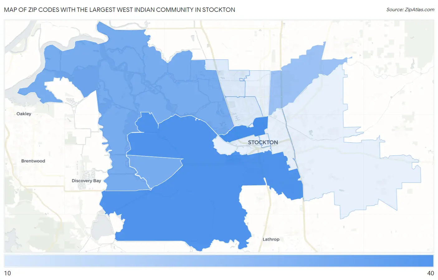 Zip Codes with the Largest West Indian Community in Stockton Map