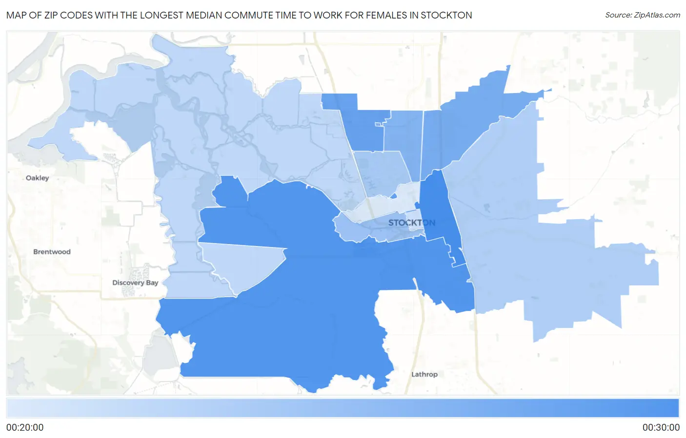 Zip Codes with the Longest Median Commute Time to Work for Females in Stockton Map