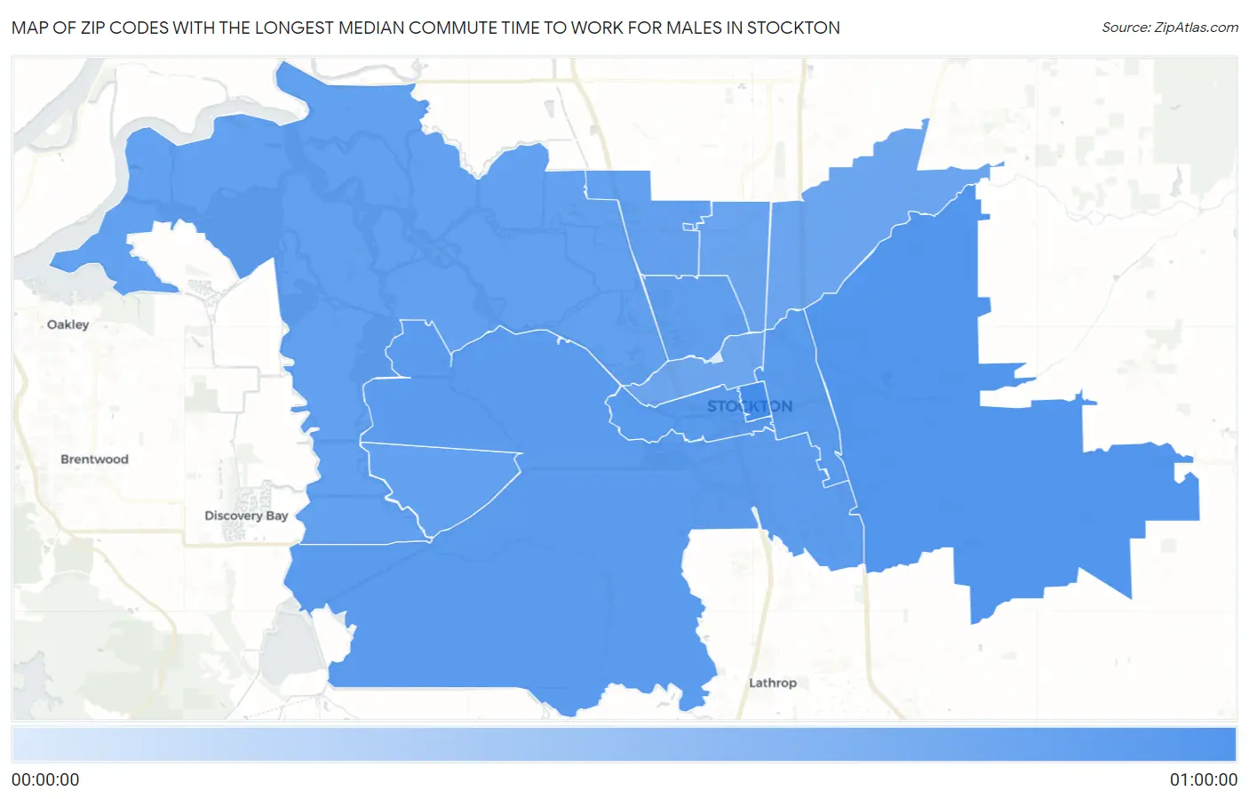 Zip Codes with the Longest Median Commute Time to Work for Males in Stockton Map