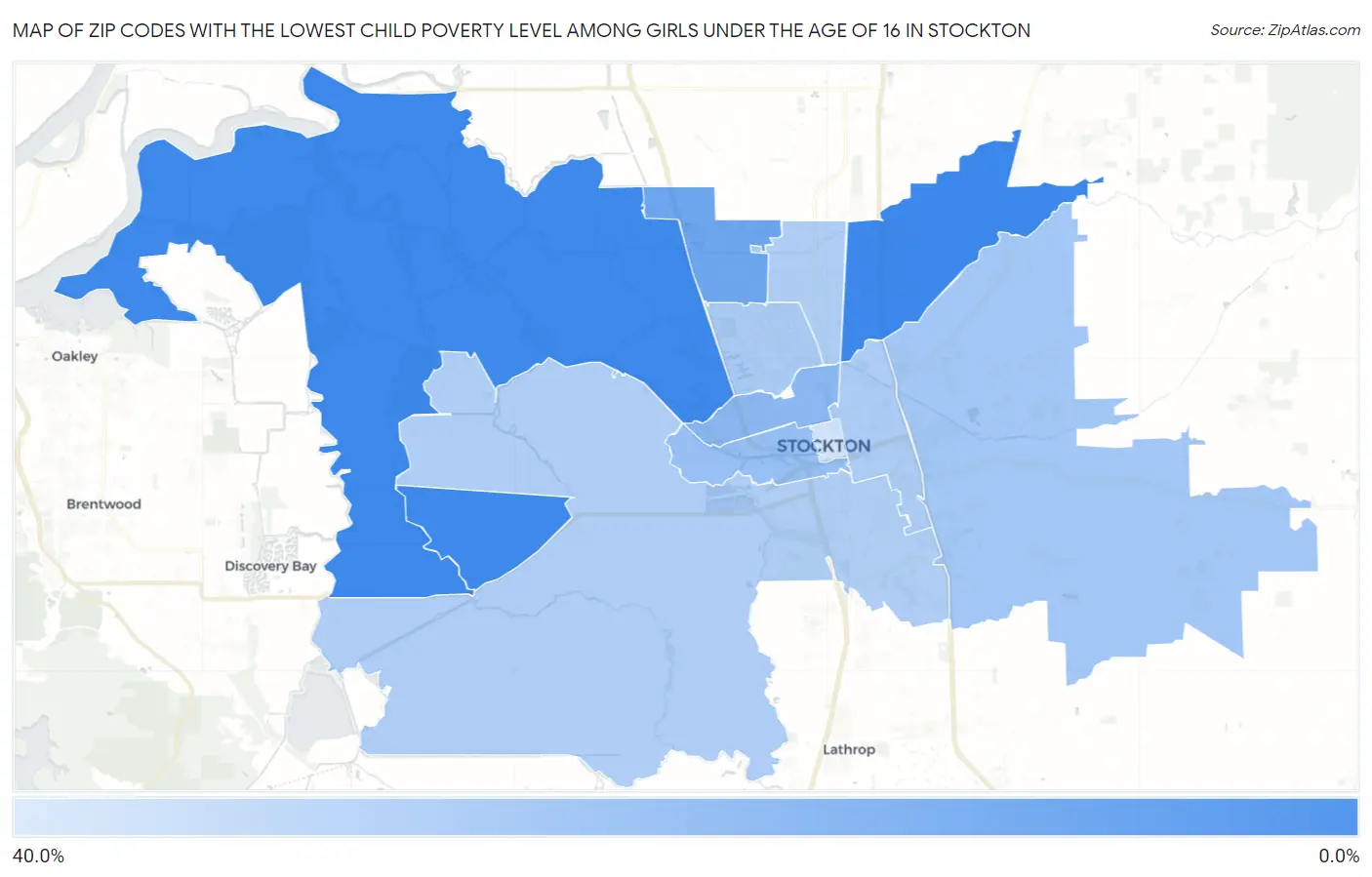 Zip Codes with the Lowest Child Poverty Level Among Girls Under the Age of 16 in Stockton Map