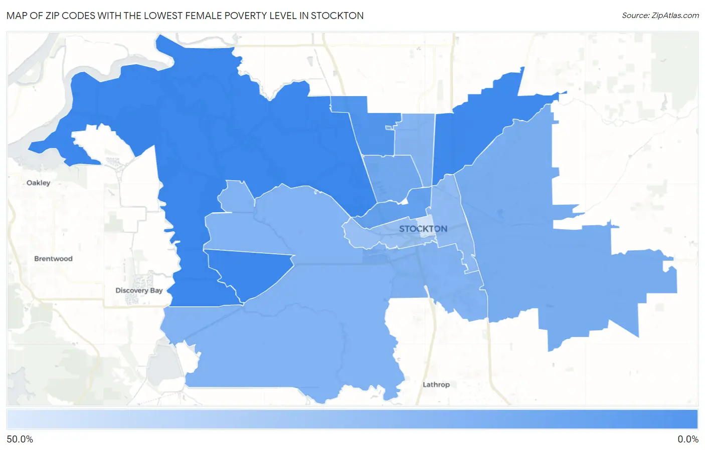 Zip Codes with the Lowest Female Poverty Level in Stockton Map