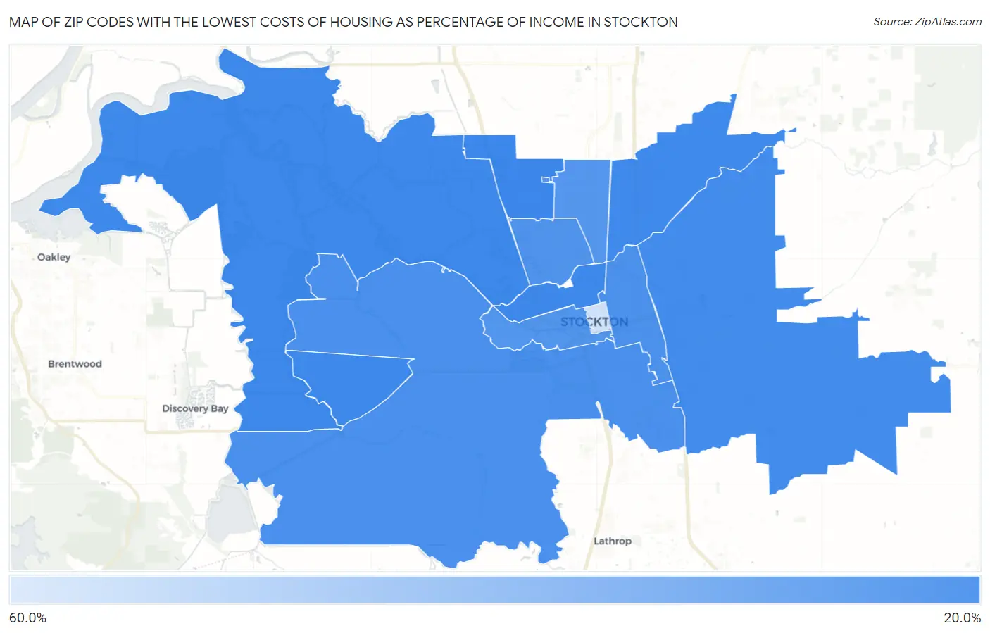 Zip Codes with the Lowest Costs of Housing as Percentage of Income in Stockton Map