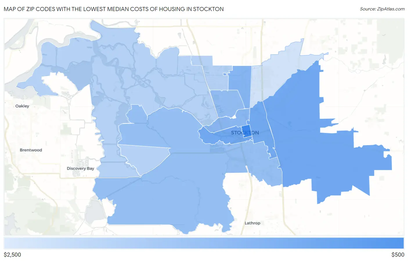 Zip Codes with the Lowest Median Costs of Housing in Stockton Map