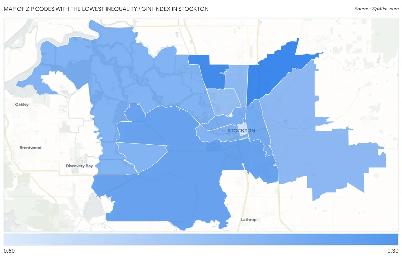 Zip Codes with the Lowest Inequality / Gini Index in Stockton Map