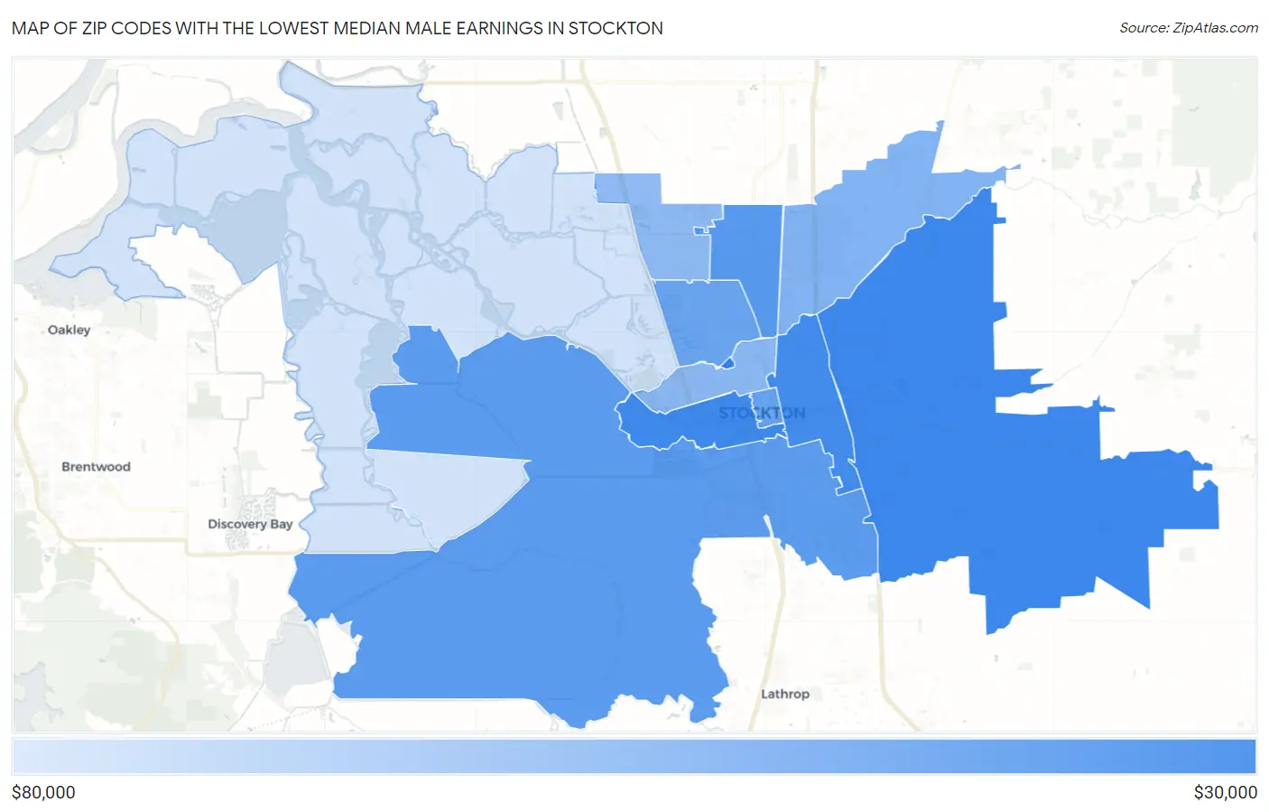 Zip Codes with the Lowest Median Male Earnings in Stockton Map