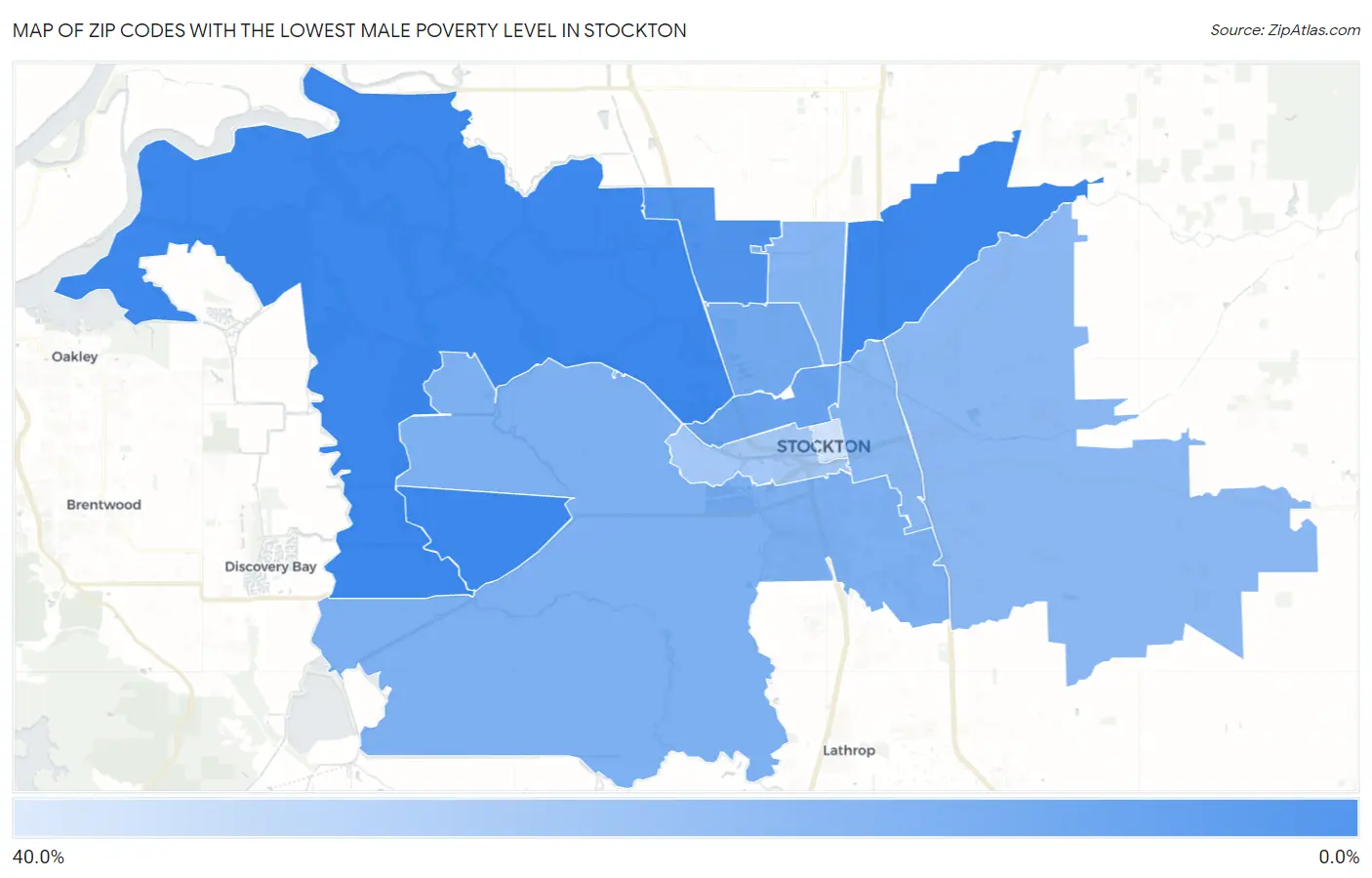 Zip Codes with the Lowest Male Poverty Level in Stockton Map