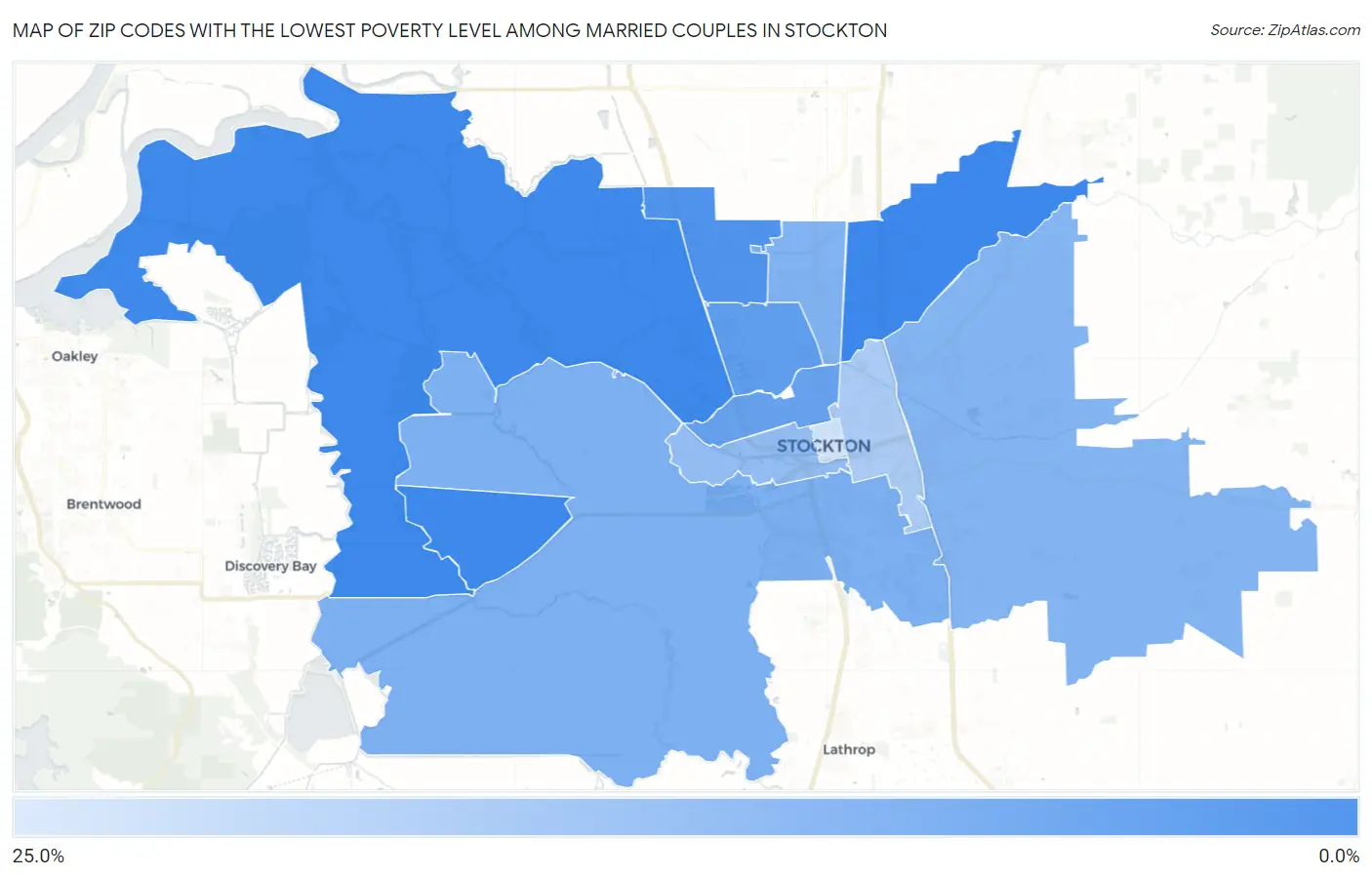 Zip Codes with the Lowest Poverty Level Among Married Couples in Stockton Map