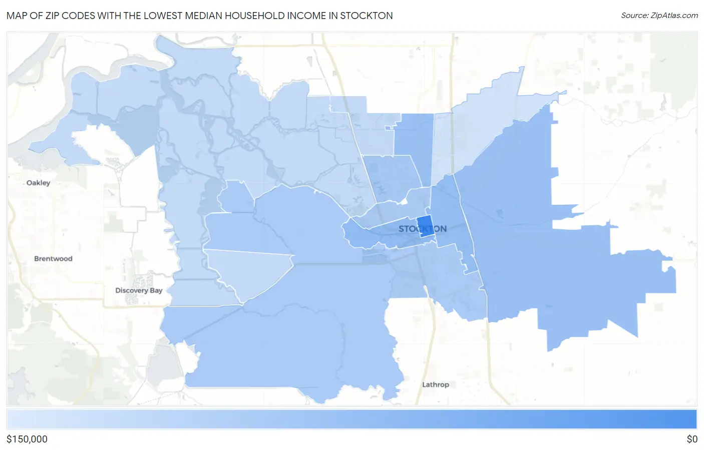 Zip Codes with the Lowest Median Household Income in Stockton Map