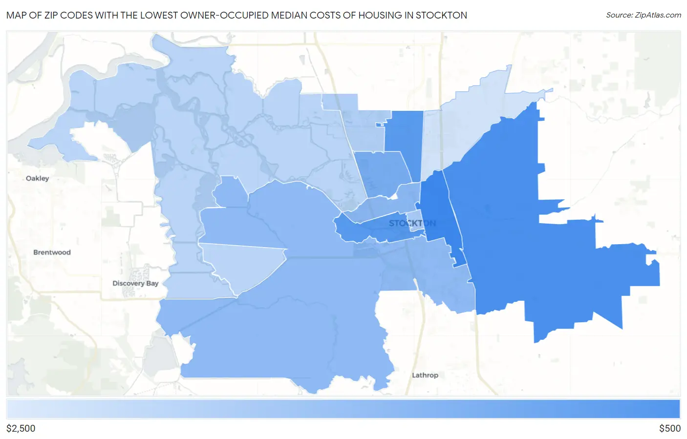 Zip Codes with the Lowest Owner-Occupied Median Costs of Housing in Stockton Map