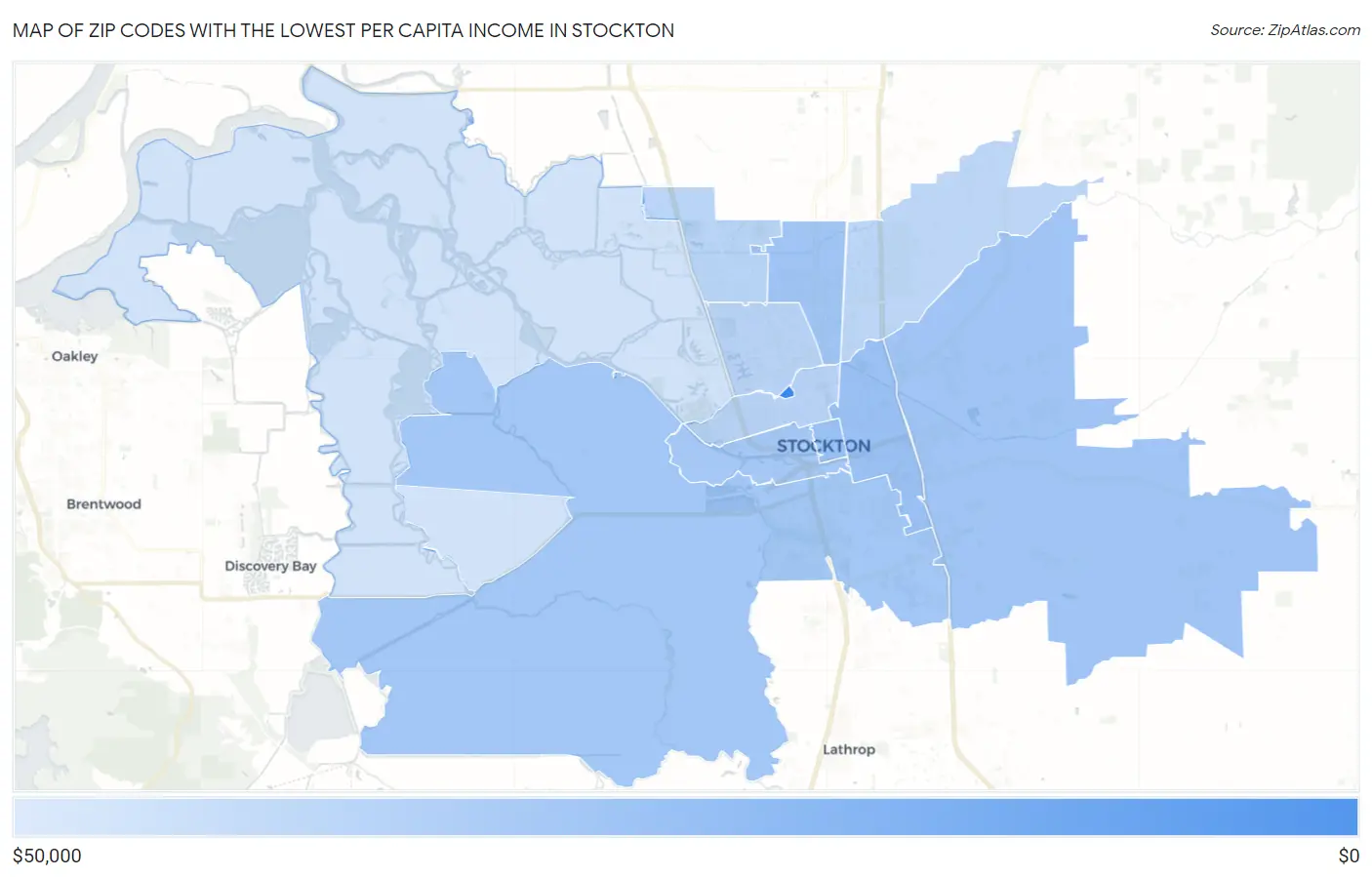 Zip Codes with the Lowest Per Capita Income in Stockton Map