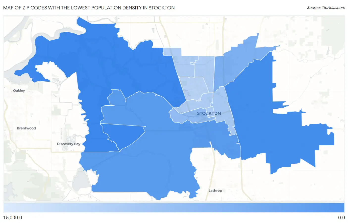 Zip Codes with the Lowest Population Density in Stockton Map