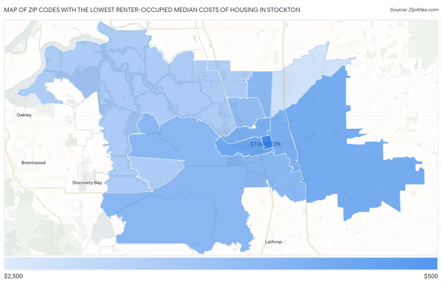 Zip Codes with the Lowest Renter-Occupied Median Costs of Housing in Stockton Map