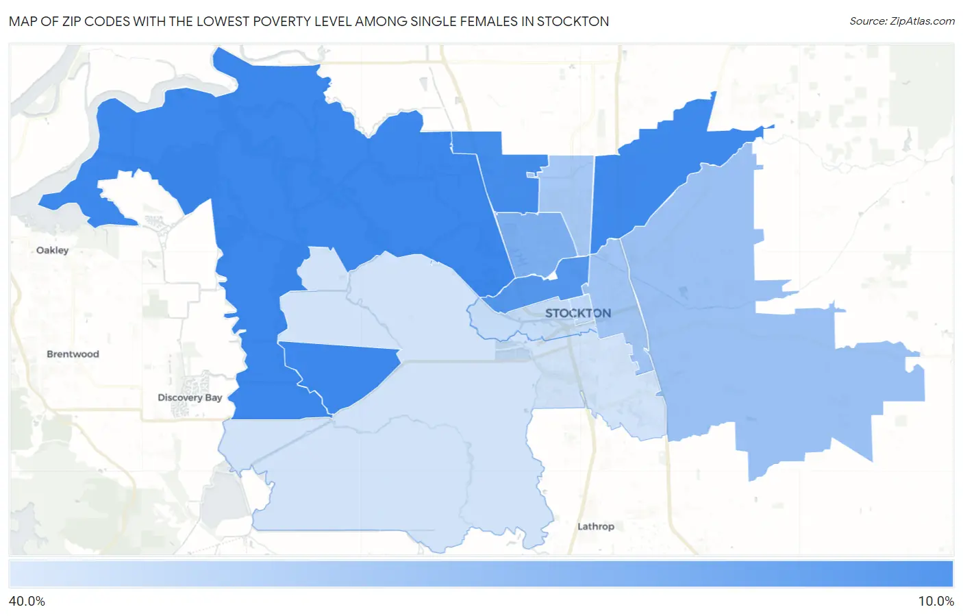 Zip Codes with the Lowest Poverty Level Among Single Females in Stockton Map