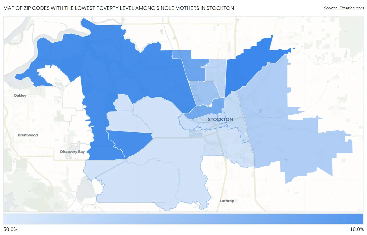 Zip Codes with the Lowest Poverty Level Among Single Mothers in Stockton Map