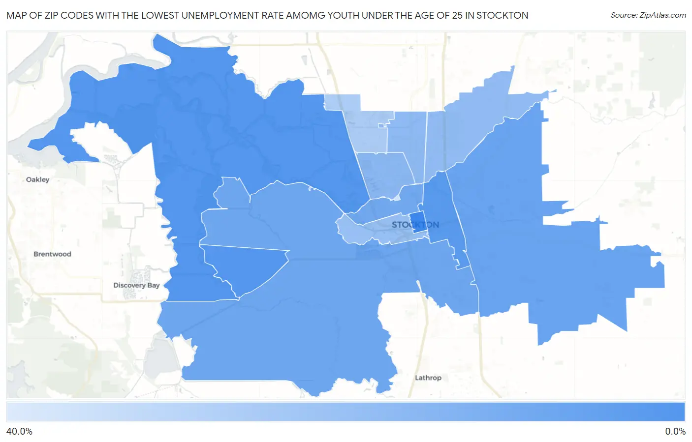 Zip Codes with the Lowest Unemployment Rate Amomg Youth Under the Age of 25 in Stockton Map