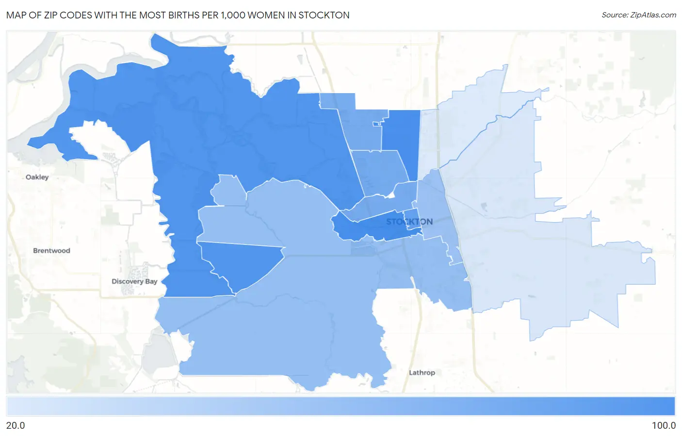 Zip Codes with the Most Births per 1,000 Women in Stockton Map