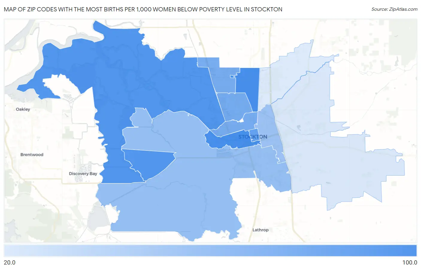 Zip Codes with the Most Births per 1,000 Women Below Poverty Level in Stockton Map