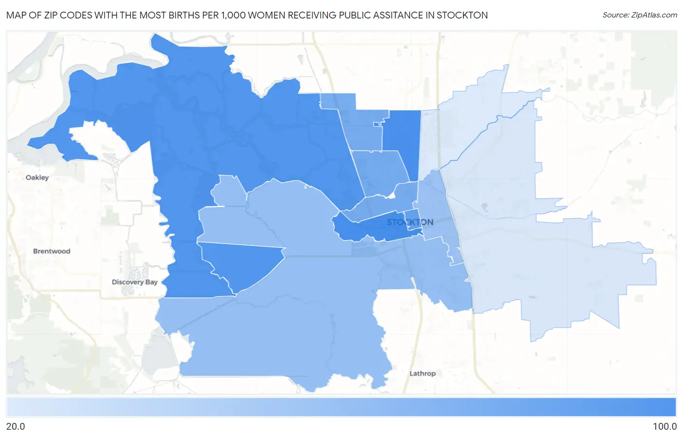 Zip Codes with the Most Births per 1,000 Women Receiving Public Assitance in Stockton Map