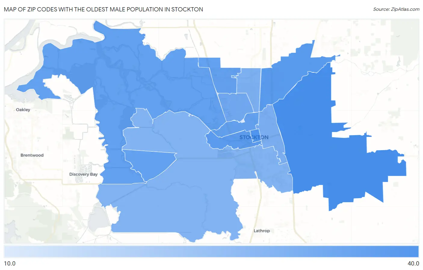 Zip Codes with the Oldest Male Population in Stockton Map