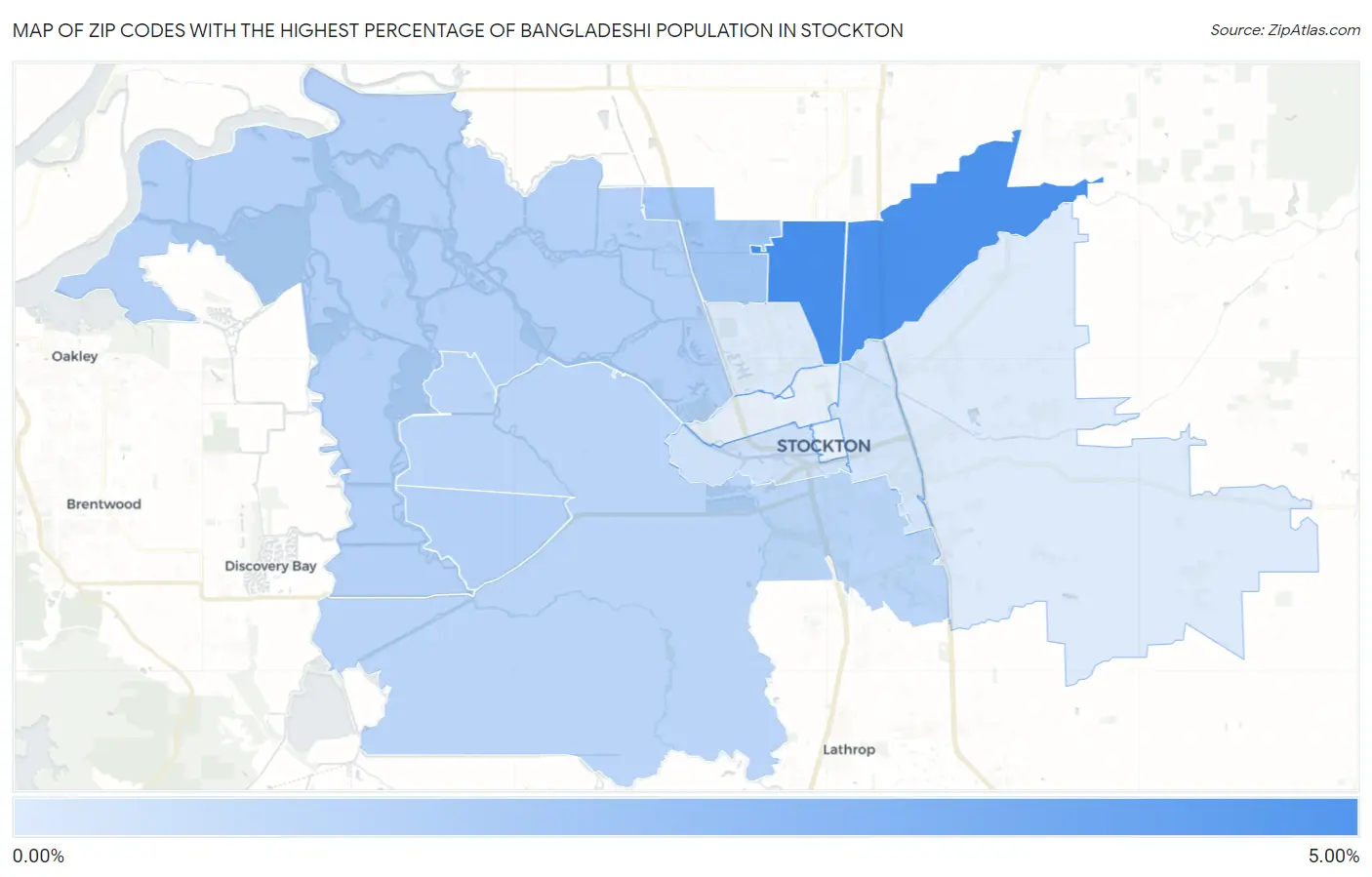 Zip Codes with the Highest Percentage of Bangladeshi Population in Stockton Map