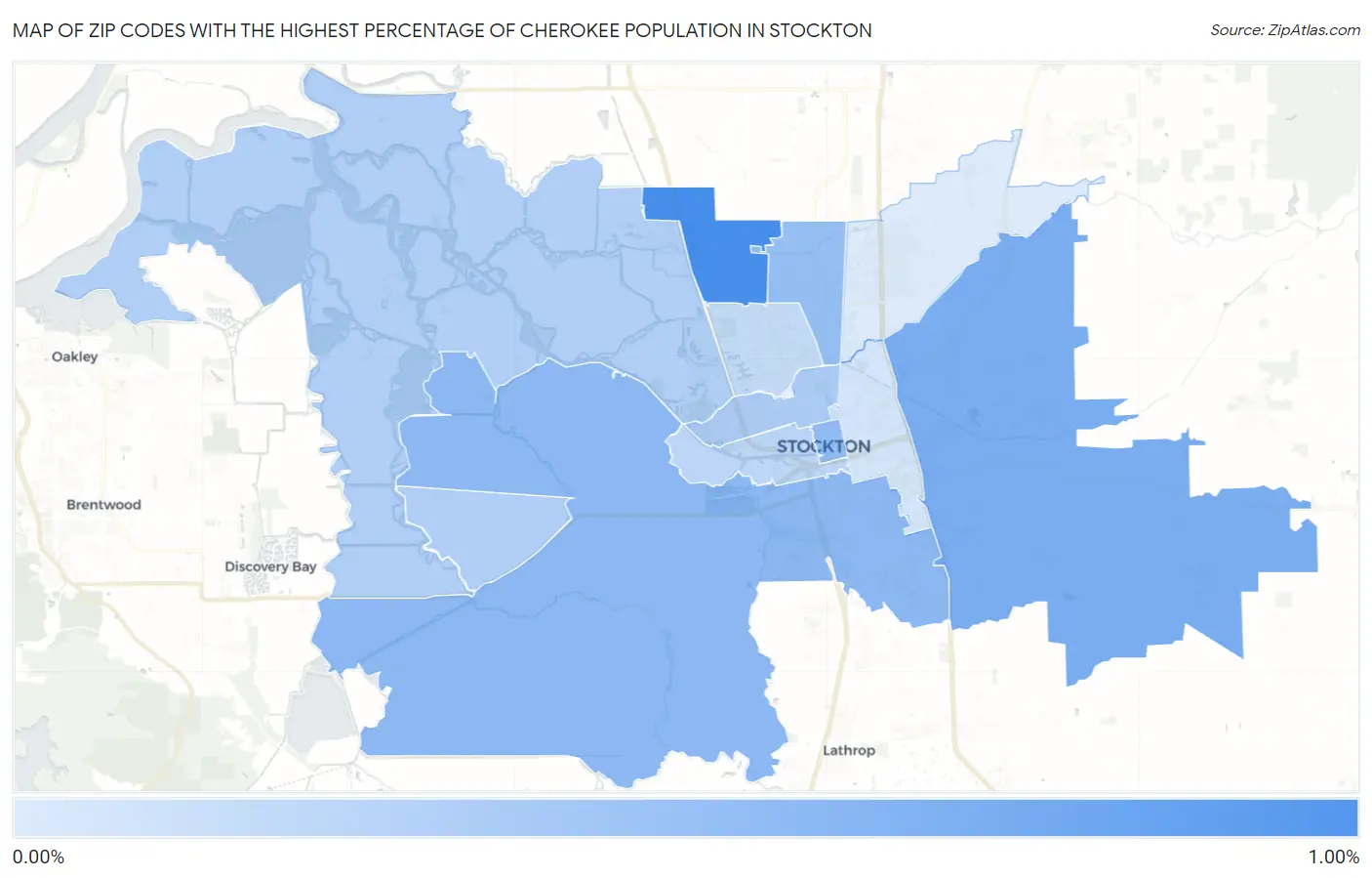 Zip Codes with the Highest Percentage of Cherokee Population in Stockton Map