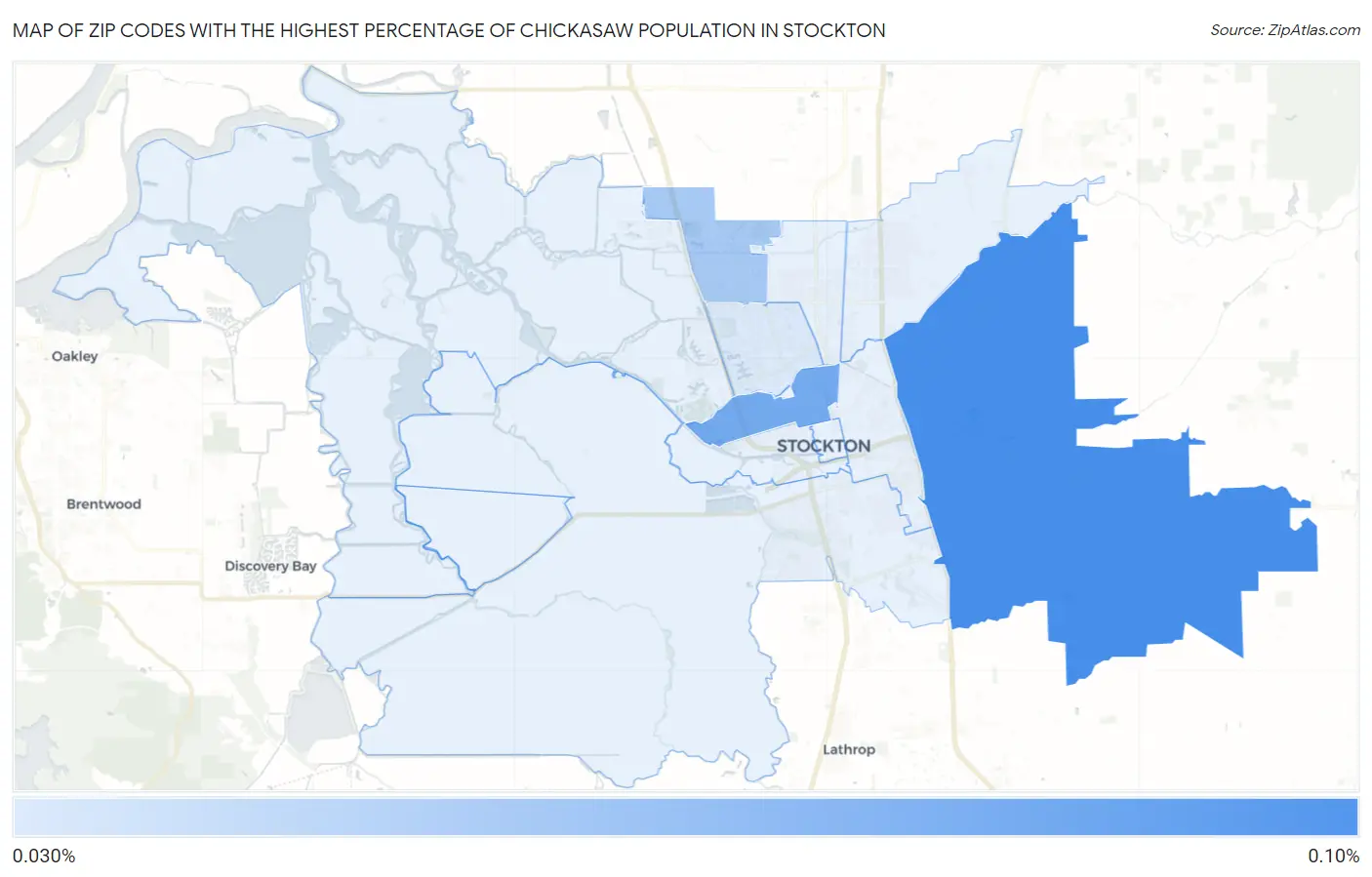 Zip Codes with the Highest Percentage of Chickasaw Population in Stockton Map