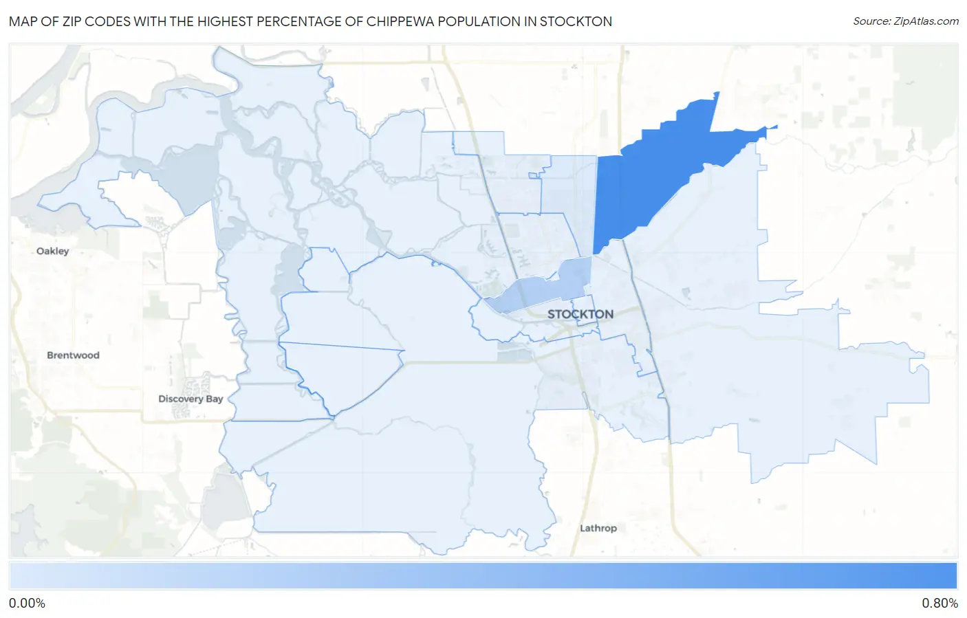 Zip Codes with the Highest Percentage of Chippewa Population in Stockton Map