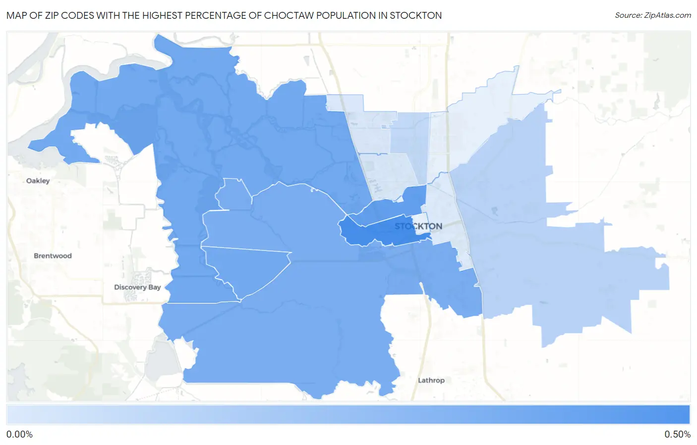 Zip Codes with the Highest Percentage of Choctaw Population in Stockton Map