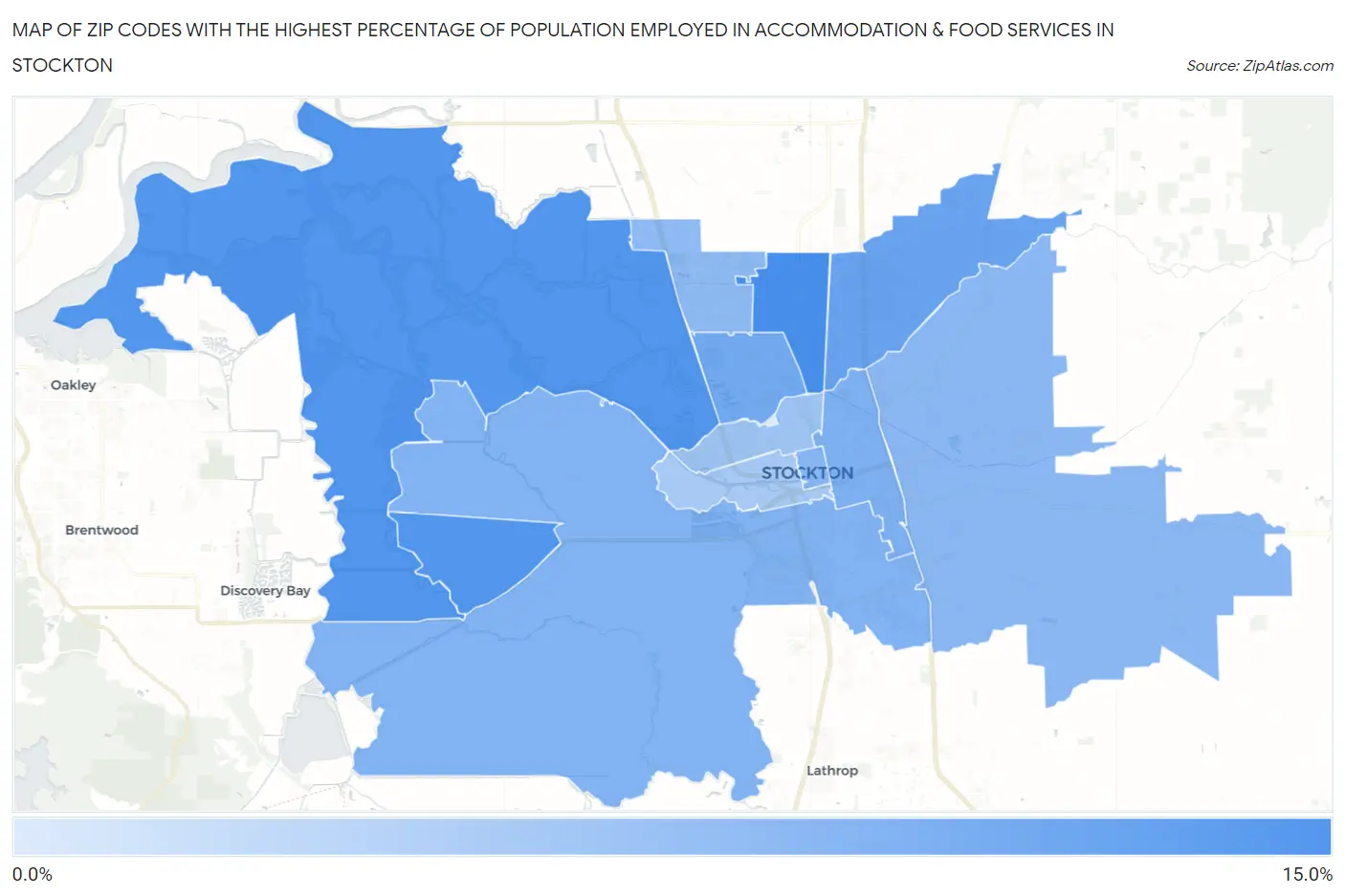 Zip Codes with the Highest Percentage of Population Employed in Accommodation & Food Services in Stockton Map