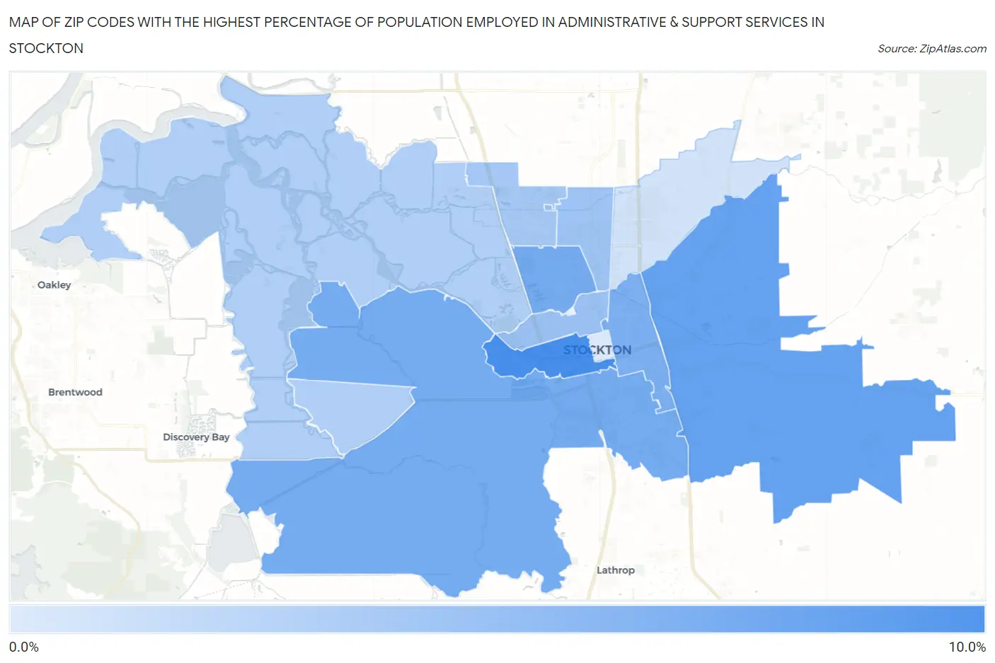 Zip Codes with the Highest Percentage of Population Employed in Administrative & Support Services in Stockton Map