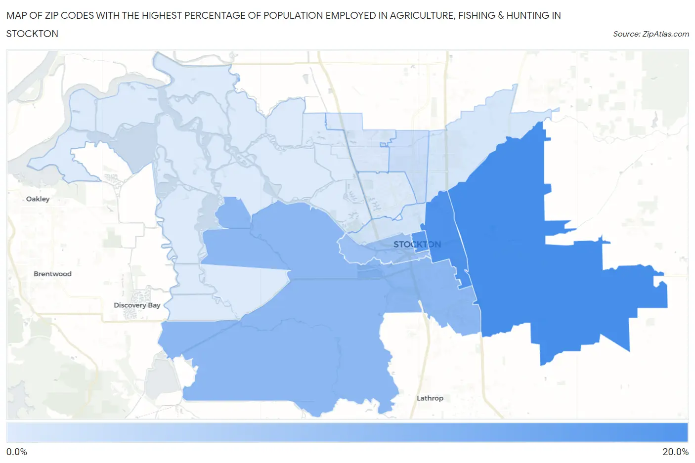 Zip Codes with the Highest Percentage of Population Employed in Agriculture, Fishing & Hunting in Stockton Map