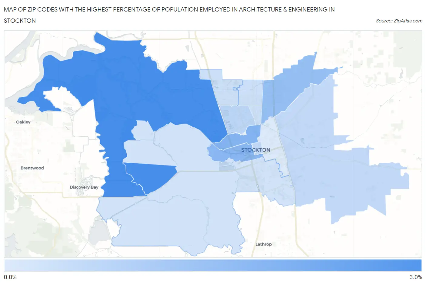 Zip Codes with the Highest Percentage of Population Employed in Architecture & Engineering in Stockton Map